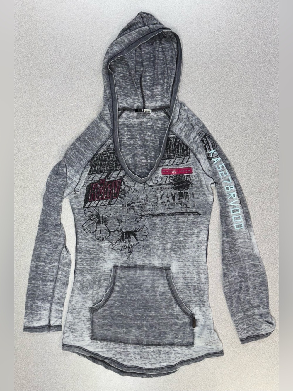 Karv y2k Heathered Burnout V-Neck Floral Text Graphic Sheer Hooded Long Sleeve